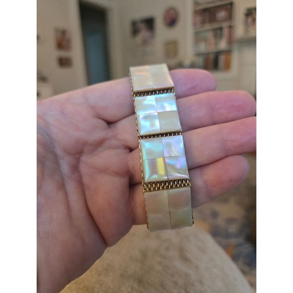 Mother of Pearl Inlay Panel Goldtone Bracelet Mesh Backing Vintage Stunning!